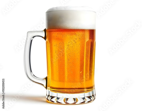 beer, mug, frosty, golden, foam, head, isolated, photorealistic, image, white, background, beverage, drink, alcohol, refreshment, cold, chilled, glass, lager, brew, bar, pub, classic, detailed, photo