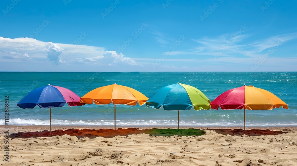 Four vibrant umbrellas stand on a sandy beach, facing a tranquil ocean under a sunny sky. Four vibrant umbrellas stand on a sandy beach, facing a tranquil ocean under a sunny sky.