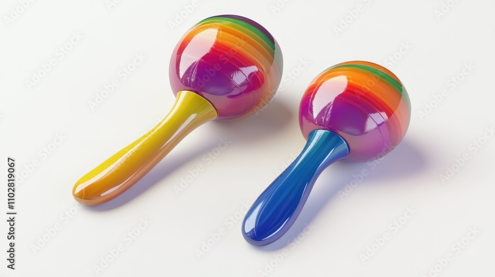 Two colorful maracas with vibrant rainbow patterns on a white background. Two colorful maracas with vibrant rainbow patterns on a white background.