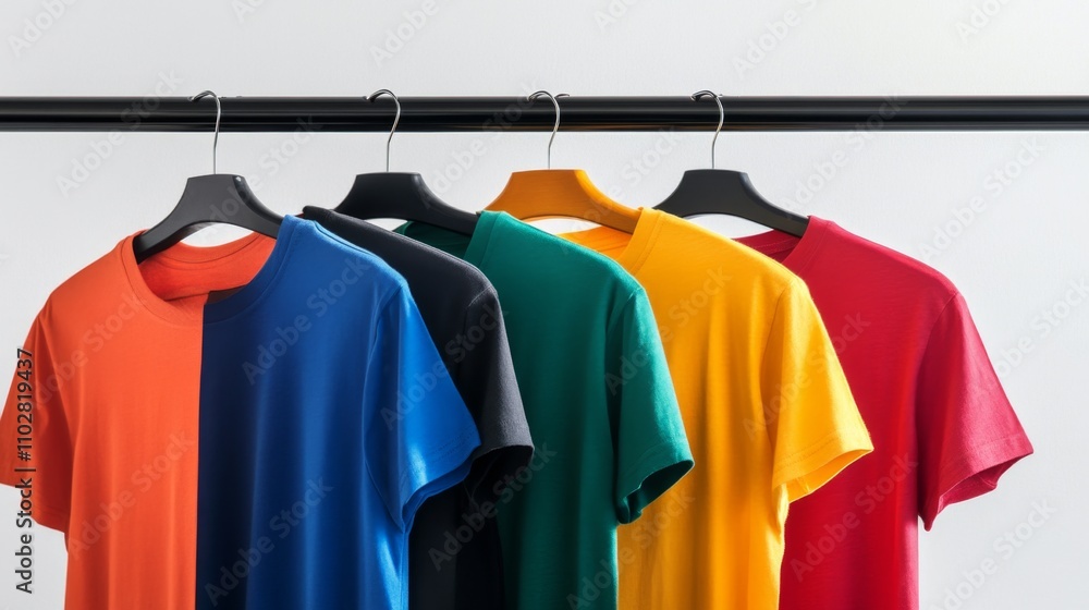 some new t-shirts collection hang on the hanger rack, sale and retail concept, isolated white background some new t-shirts collection hang on the hanger rack, sale and retail concept, isolated white background