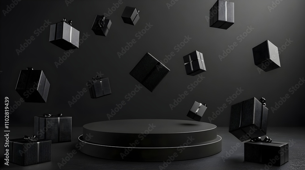 Black podium with black background with floating gift boxes Black podium with black background with floating gift boxes