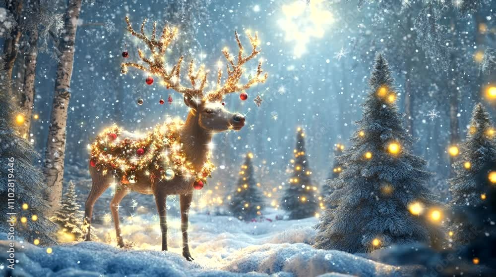 A reindeer with glowing antlers decorated with Christmas ornaments. seamless looping time-lapse virtual 4k video animation background A reindeer with glowing antlers decorated with Christmas ornaments. seamless looping time-lapse virtual 4k video animation background