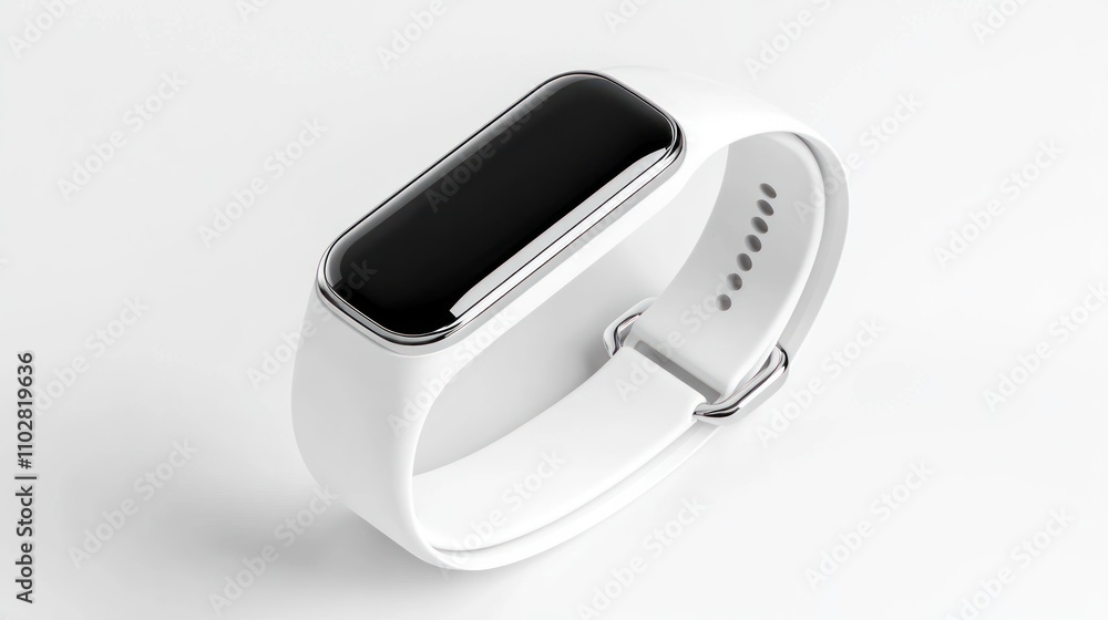 A sleek white fitness tracker with a rectangular display for health monitoring. A sleek white fitness tracker with a rectangular display for health monitoring.