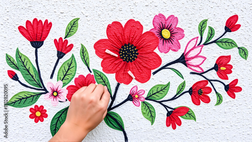 Floral finger painting on a textured wall photo