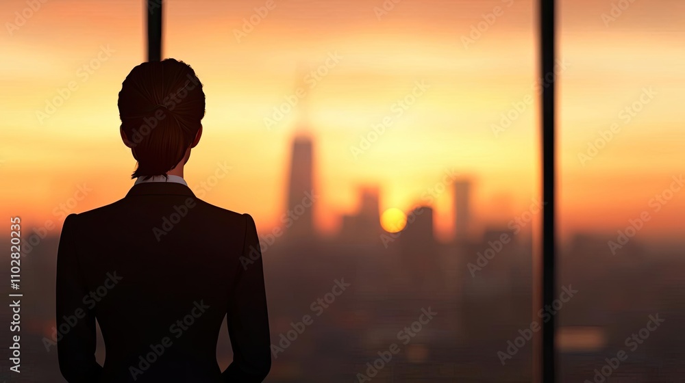 Businesswoman gazing at sunset over city skyline through office window. Businesswoman gazing at sunset over city skyline through office window.