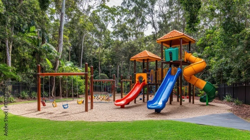 A colorful playground featuring slides and swings, set in a lush green environment.