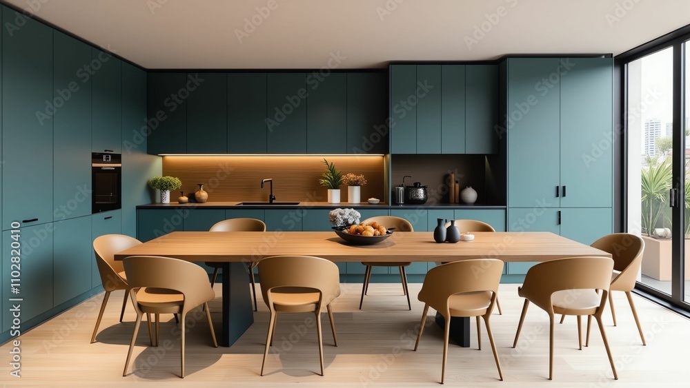 Experience a contemporary kitchen design with rich blue cabinetry and warm accents for a cozy feel Experience a contemporary kitchen design with rich blue cabinetry and warm accents for a cozy feel