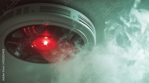 Smoke Alarm System Activation, Red Light and Smoke Emitting photo