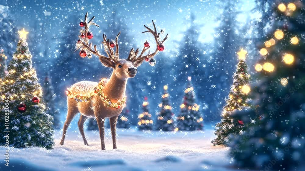 A reindeer with glowing antlers decorated with Christmas ornaments. seamless looping time-lapse virtual 4k video animation background A reindeer with glowing antlers decorated with Christmas ornaments. seamless looping time-lapse virtual 4k video animation background