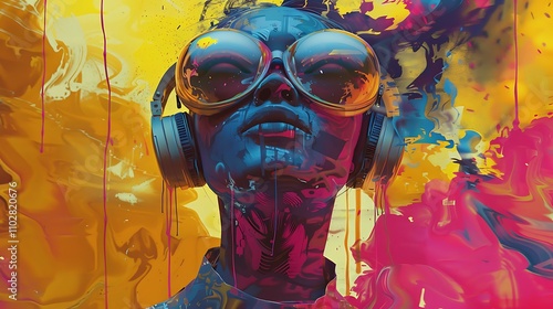 Captivating digital painting of a woman enjoying music with vibrant colors and abstract background.
