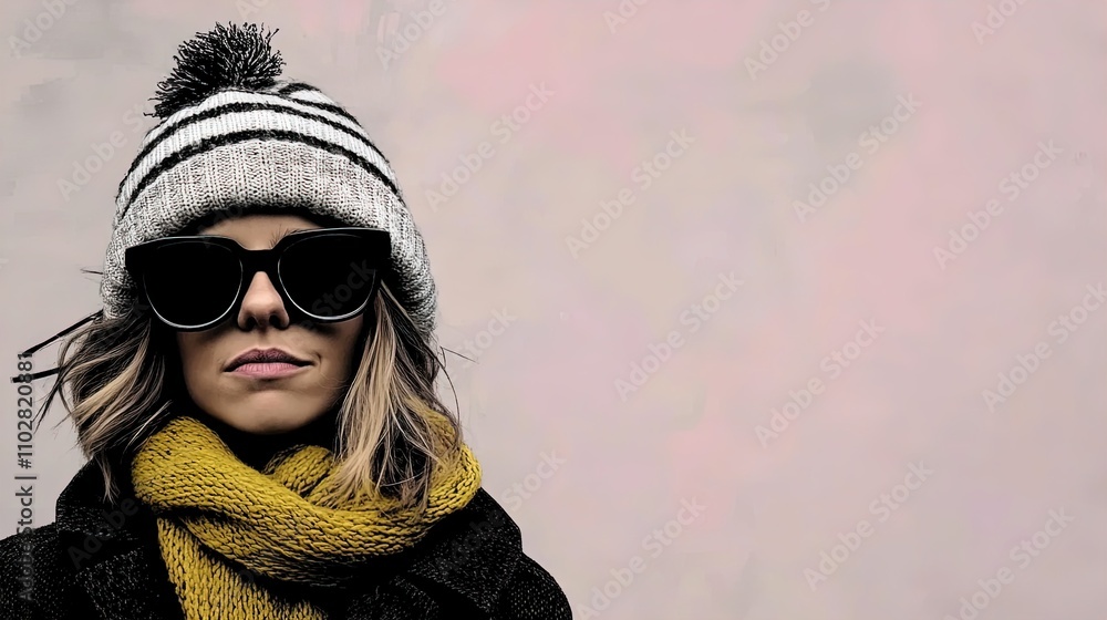 Vibrant Art Poster: Close-Up of Woman in Striped Knitted Hat and Chunky Scarf – Perfect for Sports Lounge or Trendy Interior Decor Vibrant Art Poster: Close-Up of Woman in Striped Knitted Hat and Chunky Scarf – Perfect for Sports Lounge or Trendy Interior Decor