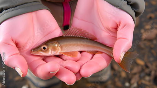 Baikal endemic fish - slimy sculpin in the hands of the girls. photo