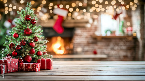 Beautiful christmas tree with gift boxes background decorated with glowing lights and ornaments against a warm fireplace in a cozy living room 