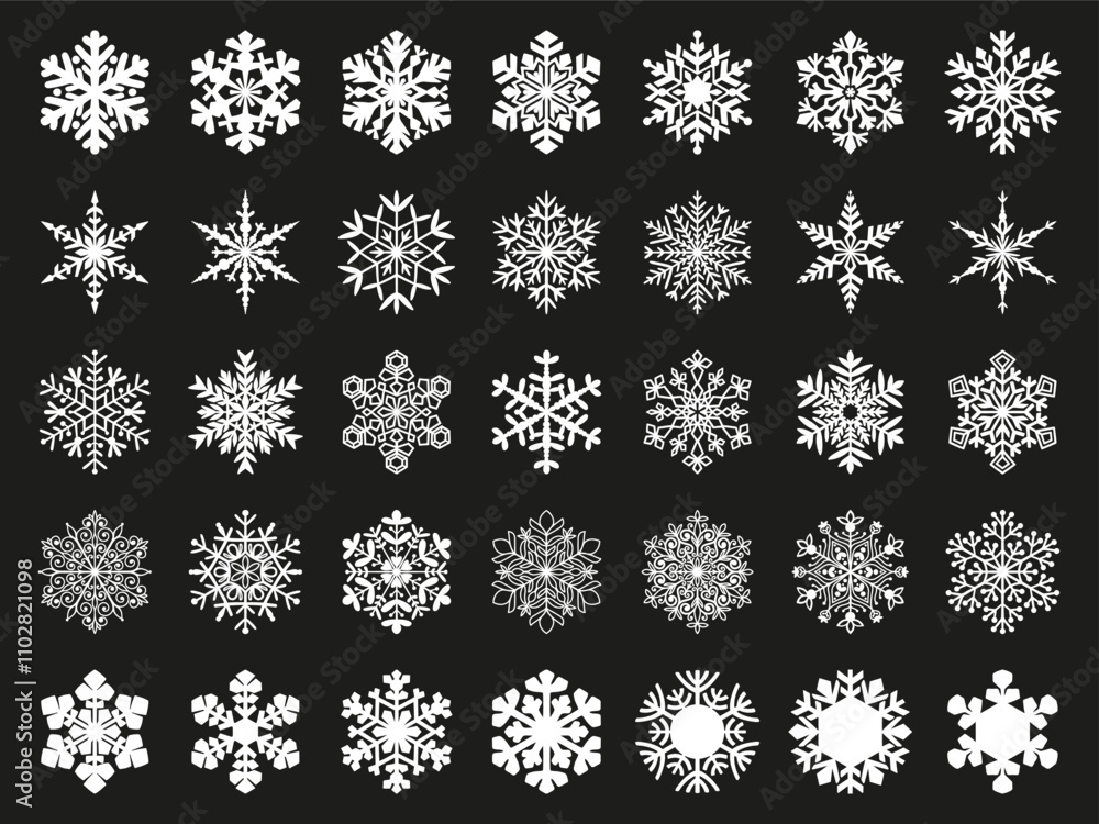 Snowflakes white line art vector icon set. Snowflake isolated silhouette collection. Winter and Christmas holiday symbol. Snowflakes white line art vector icon set. Snowflake isolated silhouette collection. Winter and Christmas holiday symbol.