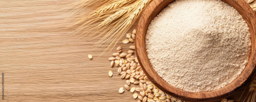 Bowl of flour with wheat grains on a wooden surface, natural ingredients. Bowl of flour with wheat grains on a wooden surface, natural ingredients.
