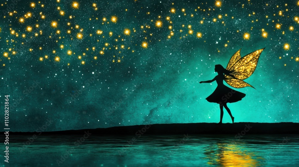 Naklejka premium Magical Fairy Silhouette Glowing in Starry Night Landscape