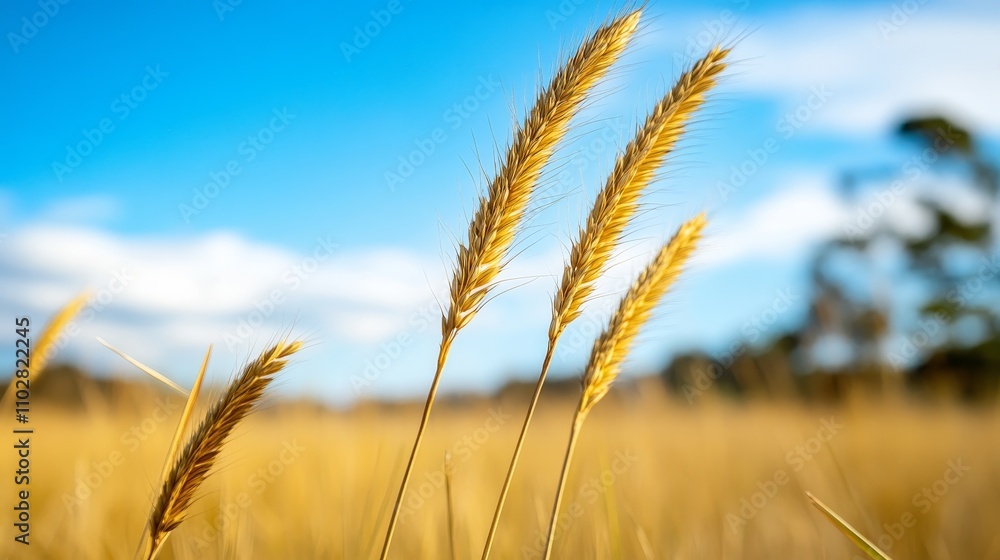 A close-up of golden wheat stalks against a bright blue sky, showcasing agricultural beauty. A close-up of golden wheat stalks against a bright blue sky, showcasing agricultural beauty.