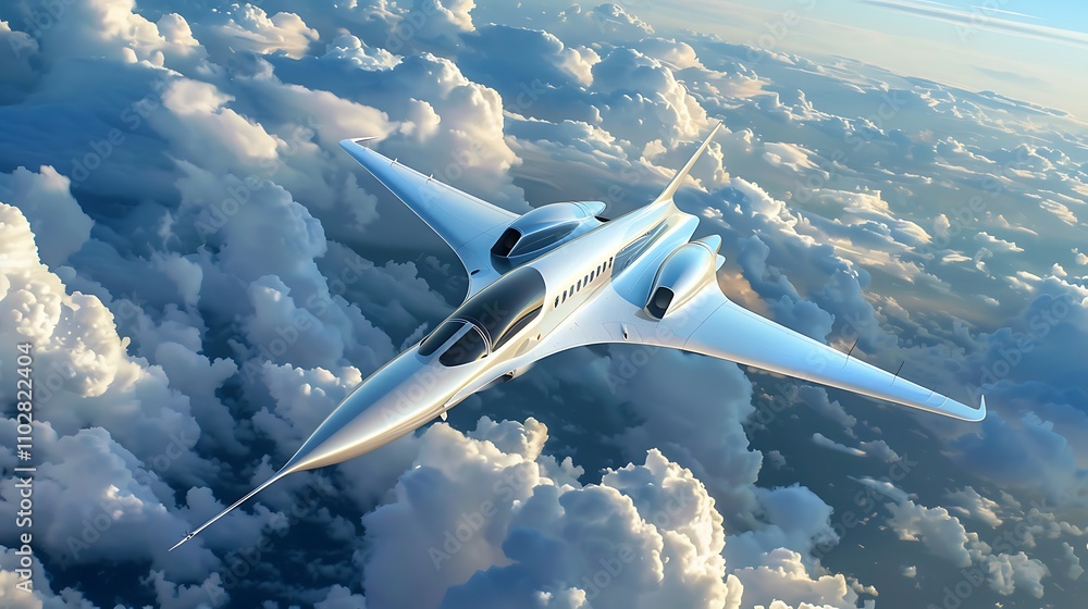 Fototapeta premium Silver supersonic private jet gracefully flies above a blanket of fluffy white clouds. The scene depicts a sense of high-tech advancement and luxurious air travel.
