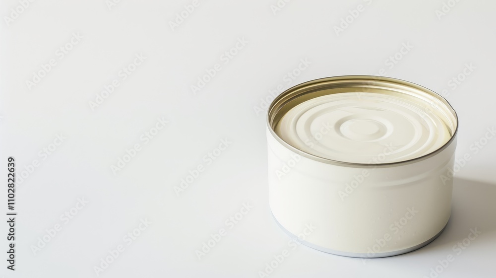 Close-up of unopened canned food with recall label on clean white background, slight tilt emphasizing label, copy space for text.