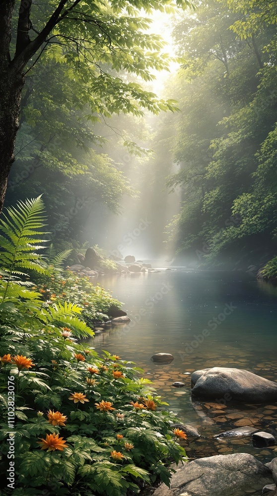Forest floor and ferns grow near the river's serene edge, serenity, woodland flora, ferns and mosses, plant species, aquatic plants Forest floor and ferns grow near the river's serene edge, serenity, woodland flora, ferns and mosses, plant species, aquatic plants