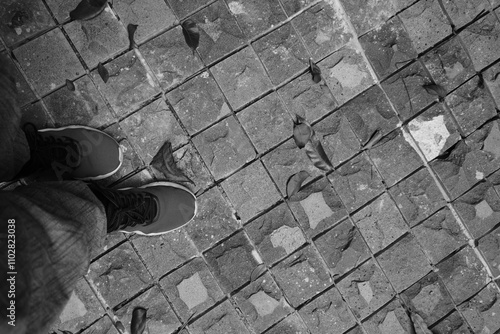 A person wearing trousers and shoes standing on white gravel with a line separating the black gravel photo