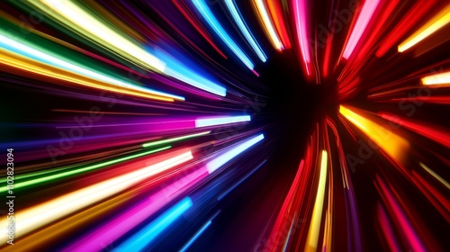 A vibrant burst of colorful light streaks radiating from a central point, creating a dynamic effect.