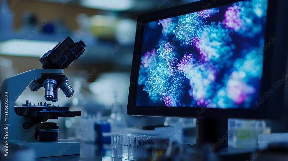 Fototapeta premium Microscope image of genetically engineered bacteria, displayed on a digital screen in a lab