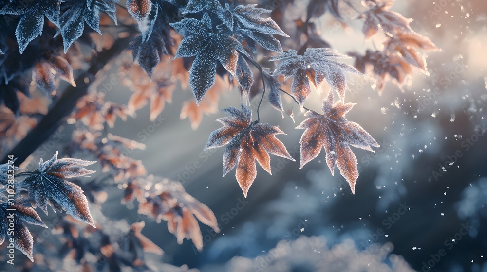 Frost-covered maple leaves in winter sunlight. Frost-covered maple leaves in winter sunlight.