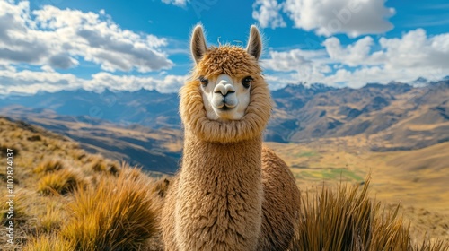 Photo of cute alpaca on a savanna with a blue sky on the background.