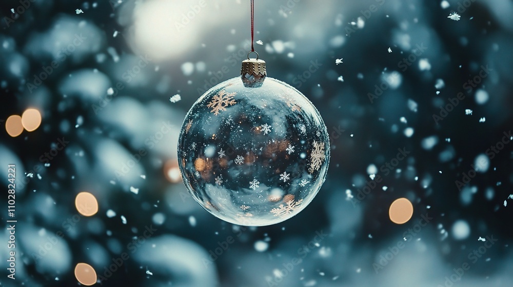 Crystal Christmas Ornament Hanging in Snowy Winter Wonderland Crystal Christmas Ornament Hanging in Snowy Winter Wonderland
