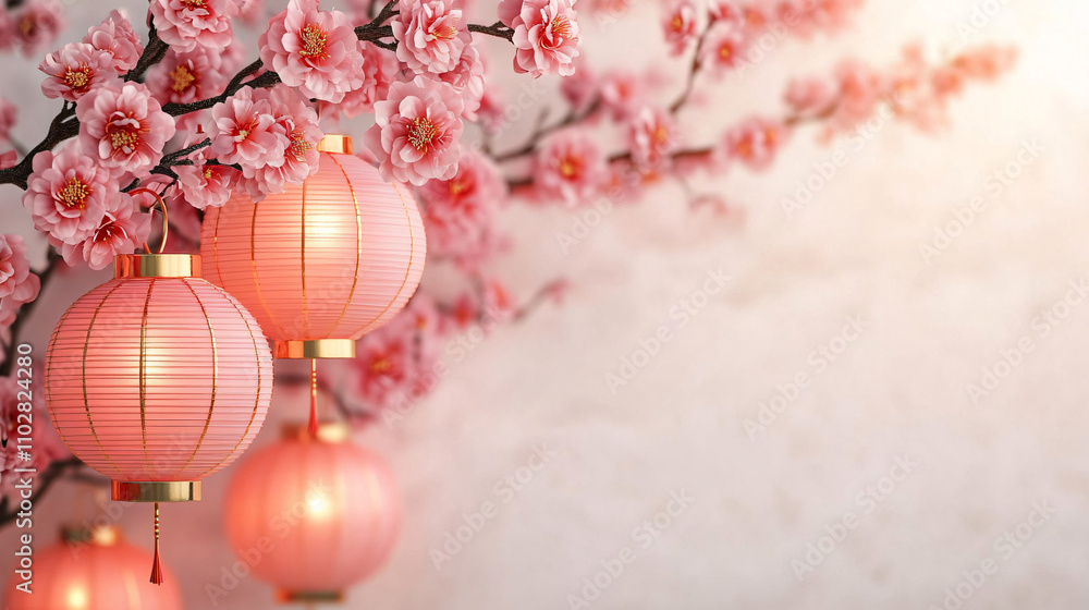 Elegant pink paper lanterns and cherry blossoms create a serene atmosphere, ideal for Chinese New Year celebrations, card designs, and festive decorations. Elegant pink paper lanterns and cherry blossoms create a serene atmosphere, ideal for Chinese New Year celebrations, card designs, and festive decorations.