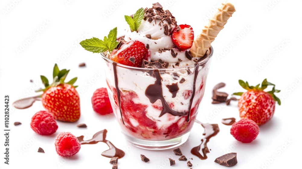 Strawberry and chocolate sundae ice cream cup and wafer stick isolated on white background Strawberry and chocolate sundae ice cream cup and wafer stick isolated on white background