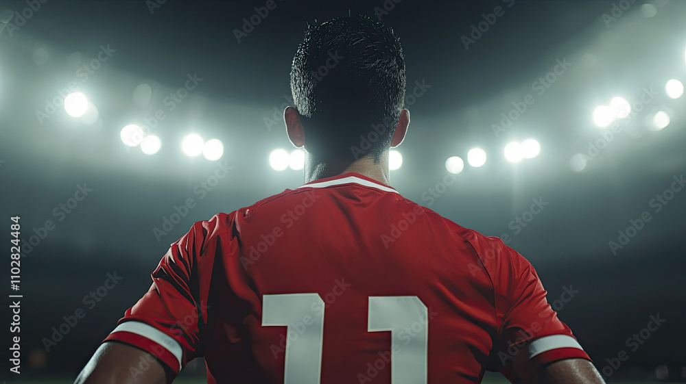 Fototapeta premium sports player in red jersey stands under bright stadium lights, showcasing determination and focus. atmosphere is electric, capturing essence of competitive sports