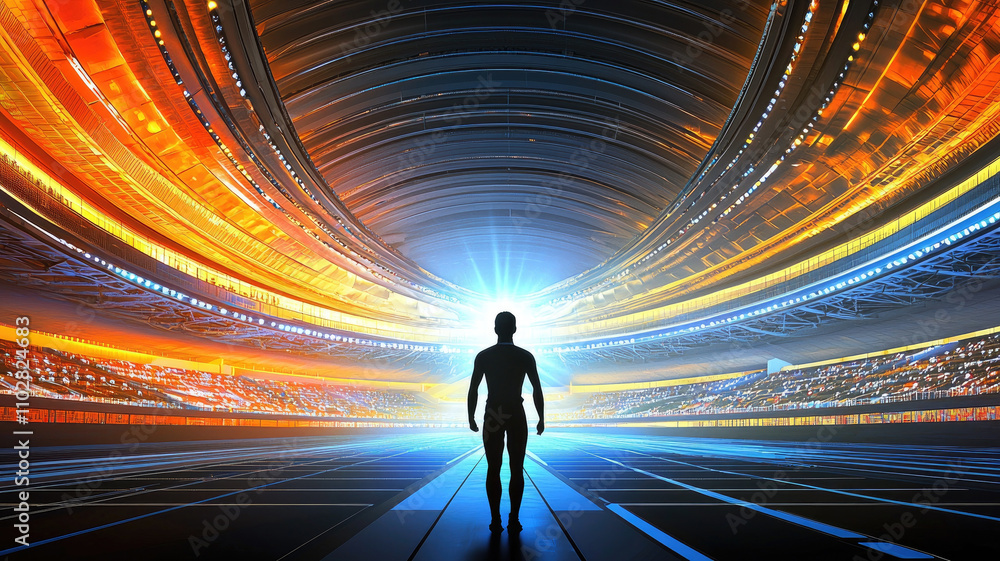 silhouette of athlete stands in vibrant stadium, illuminated by dynamic lights and colors, symbolizing inspiration and determination silhouette of athlete stands in vibrant stadium, illuminated by dynamic lights and colors, symbolizing inspiration and determination
