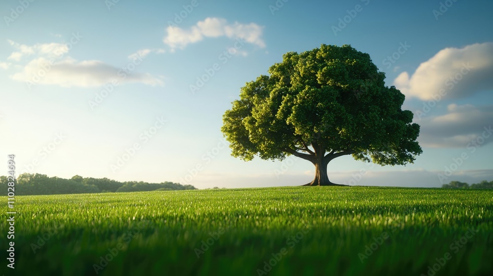 Obraz premium Lush green tree standing alone in a bright, serene landscape.