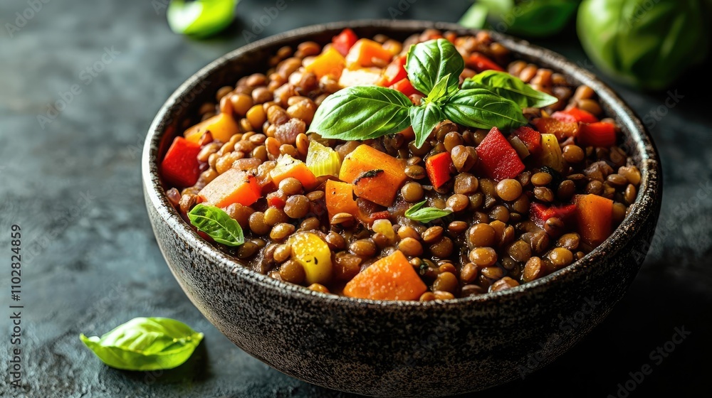 Delicious lentil salad with fresh vegetables and basil in a rustic bowl Delicious lentil salad with fresh vegetables and basil in a rustic bowl