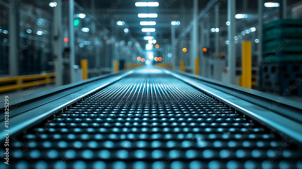 empty conveyor belt in a distribution center, with a blurred background, symbolizing quiet efficiency and potential in logistics and supply chain operations empty conveyor belt in a distribution center, with a blurred background, symbolizing quiet efficiency and potential in logistics and supply chain operations