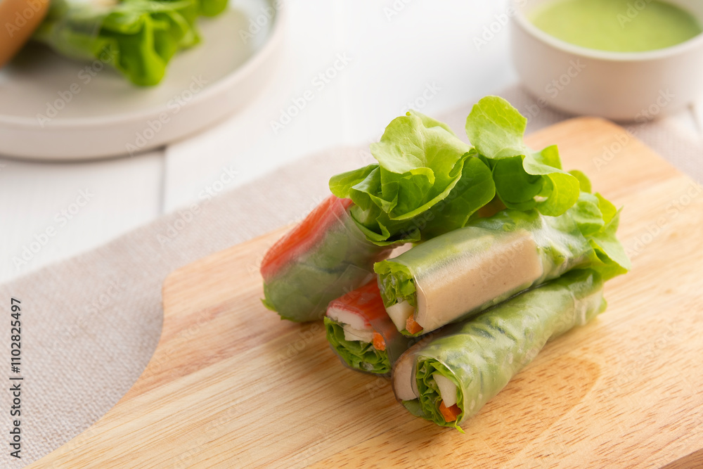 Vegetable Salad Rolls with Crab stick and Vietnamese Sausage,with seafood sauce dipping. Vegetable Salad Rolls with Crab stick and Vietnamese Sausage,with seafood sauce dipping.