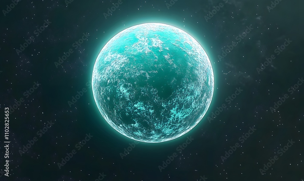 Glowing teal exoplanet in dark space. Glowing teal exoplanet in dark space.