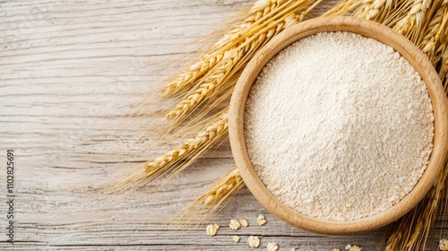 Bowl of flour surrounded by wheat on a rustic wooden table.