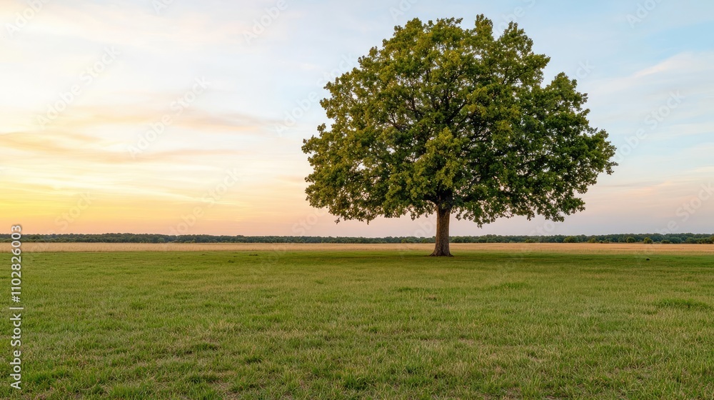 Fototapeta premium Lone tree against a beautiful sunset sky on an open field.