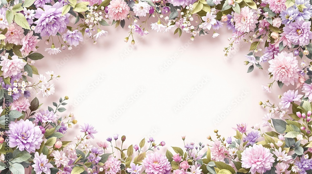 Obraz premium Pastel violet floral wreath background with delicate flowers and greenery, garden, pastel violets, serene backdrop.