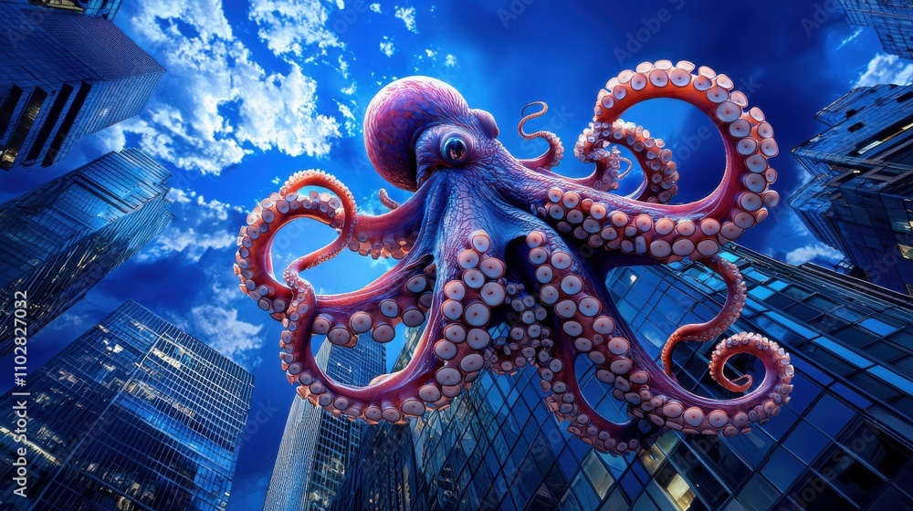 Obraz premium Surreal Octopus Emerging from Futuristic Undersea Cityscape with Towering Skyscrapers