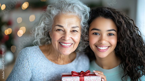 Three generations celebrate new year's together with joyful gift exchange and cherished memories photo