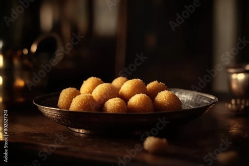 Indian sweet Motichoor laddoo is also known as Bundi Laddu or Motichur Laddoo which originated from very small Gram flour balls or Boondis which are deep fried.ai generative photo