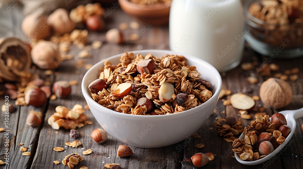 bowl of cereal with nuts and a glass of milk bowl of cereal with nuts and a glass of milk