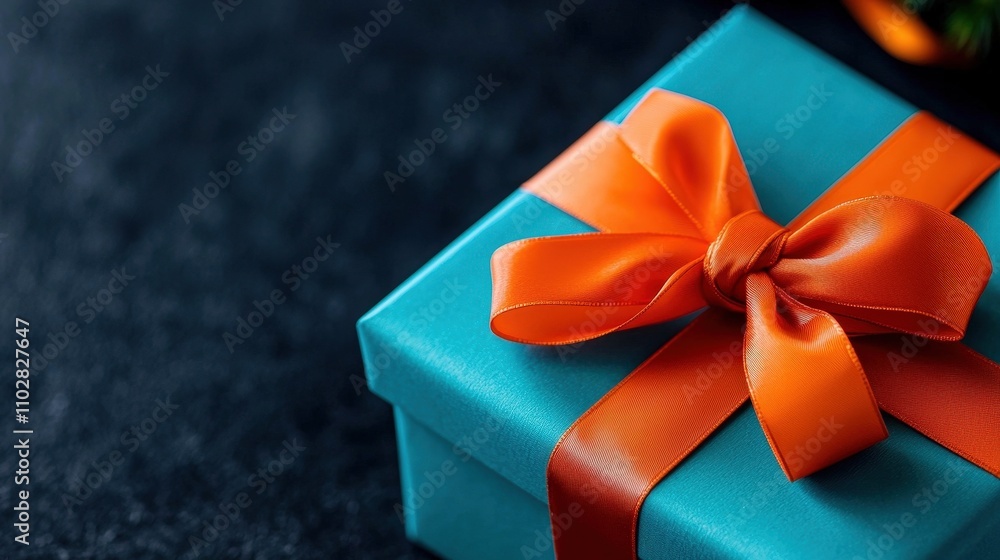 Elegant Teal Gift Box with Orange Ribbon Bow Holiday Birthday Christmas Present Elegant Teal Gift Box with Orange Ribbon Bow Holiday Birthday Christmas Present