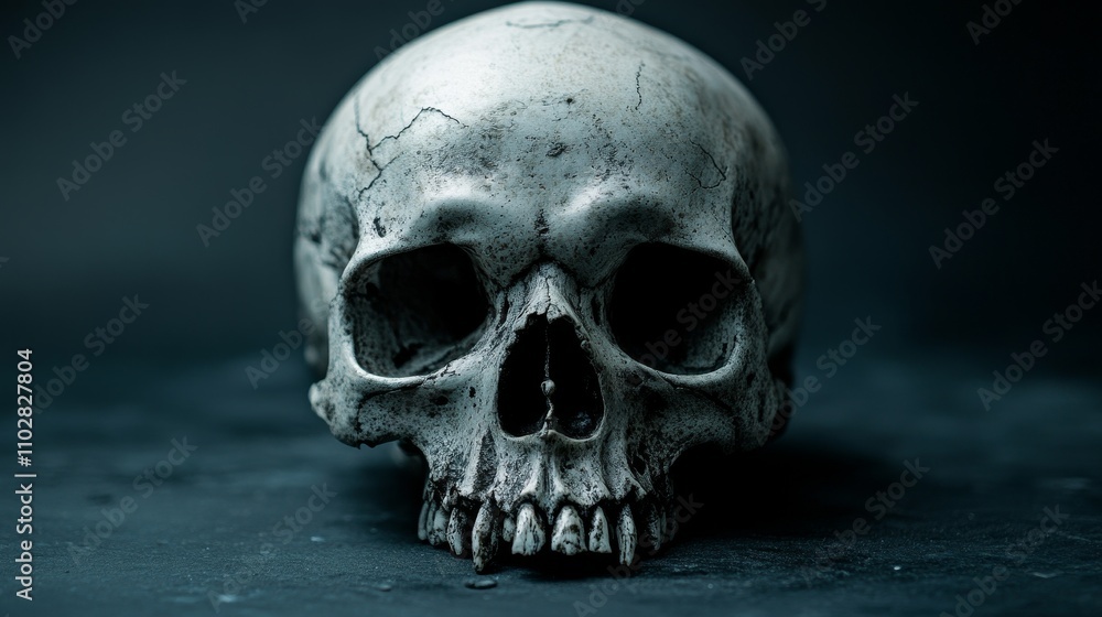 A detailed skull resting on a dark surface, emphasizing its texture and structure. A detailed skull resting on a dark surface, emphasizing its texture and structure.
