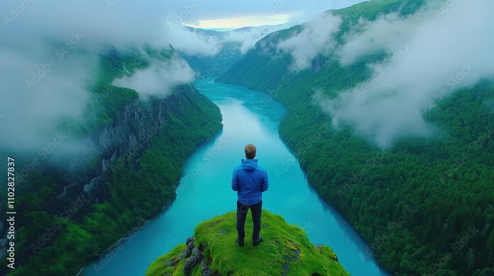 Obraz premium Majestic Fjord Man on Clifftop Serene Landscape Travel Photography