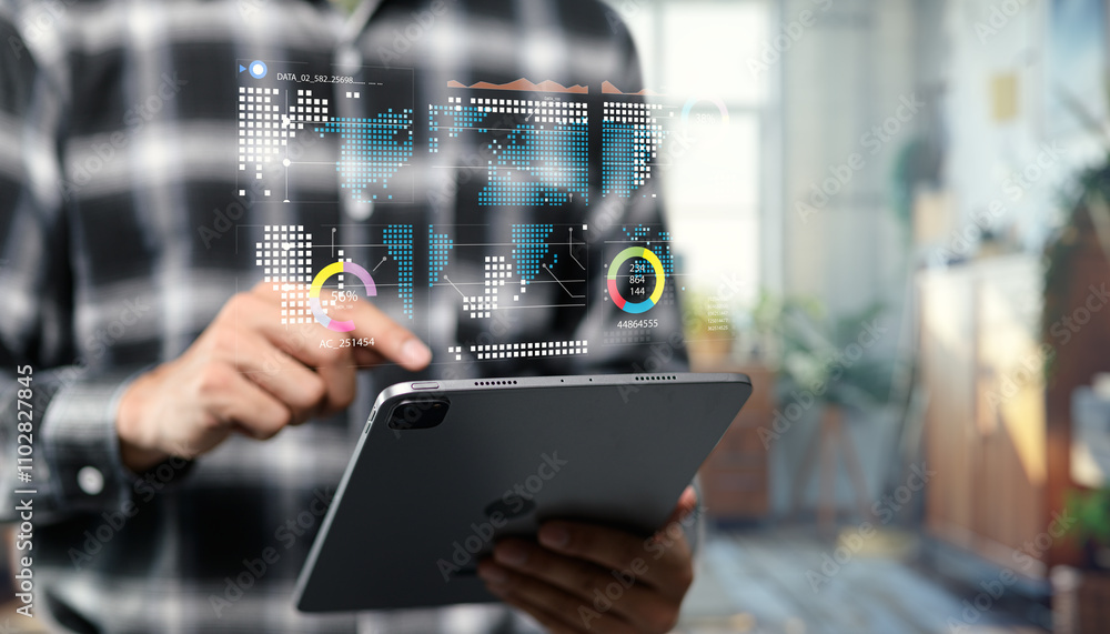 Person Using Tablet with Augmented Reality Interface for Data Analysis in Modern Workspace with Blurred Background Person Using Tablet with Augmented Reality Interface for Data Analysis in Modern Workspace with Blurred Background